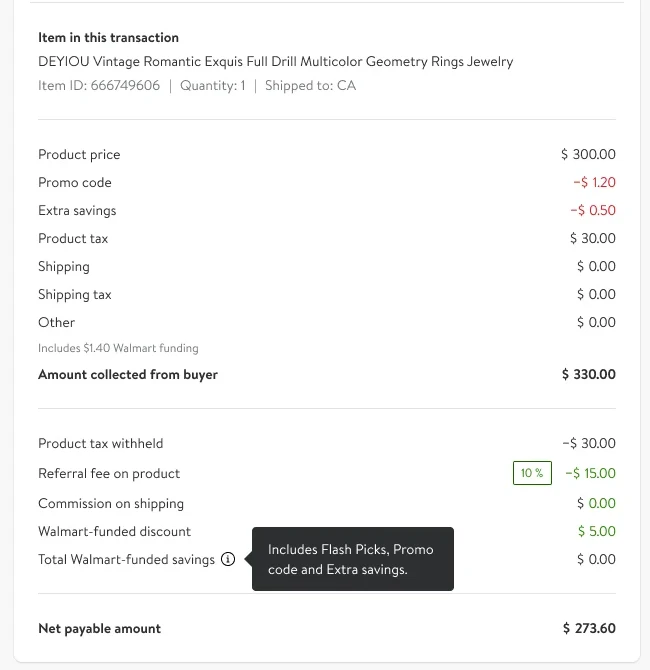 El extracto después: el descuento pagado por Walmart y el total ahorrado tienen líneas propias.